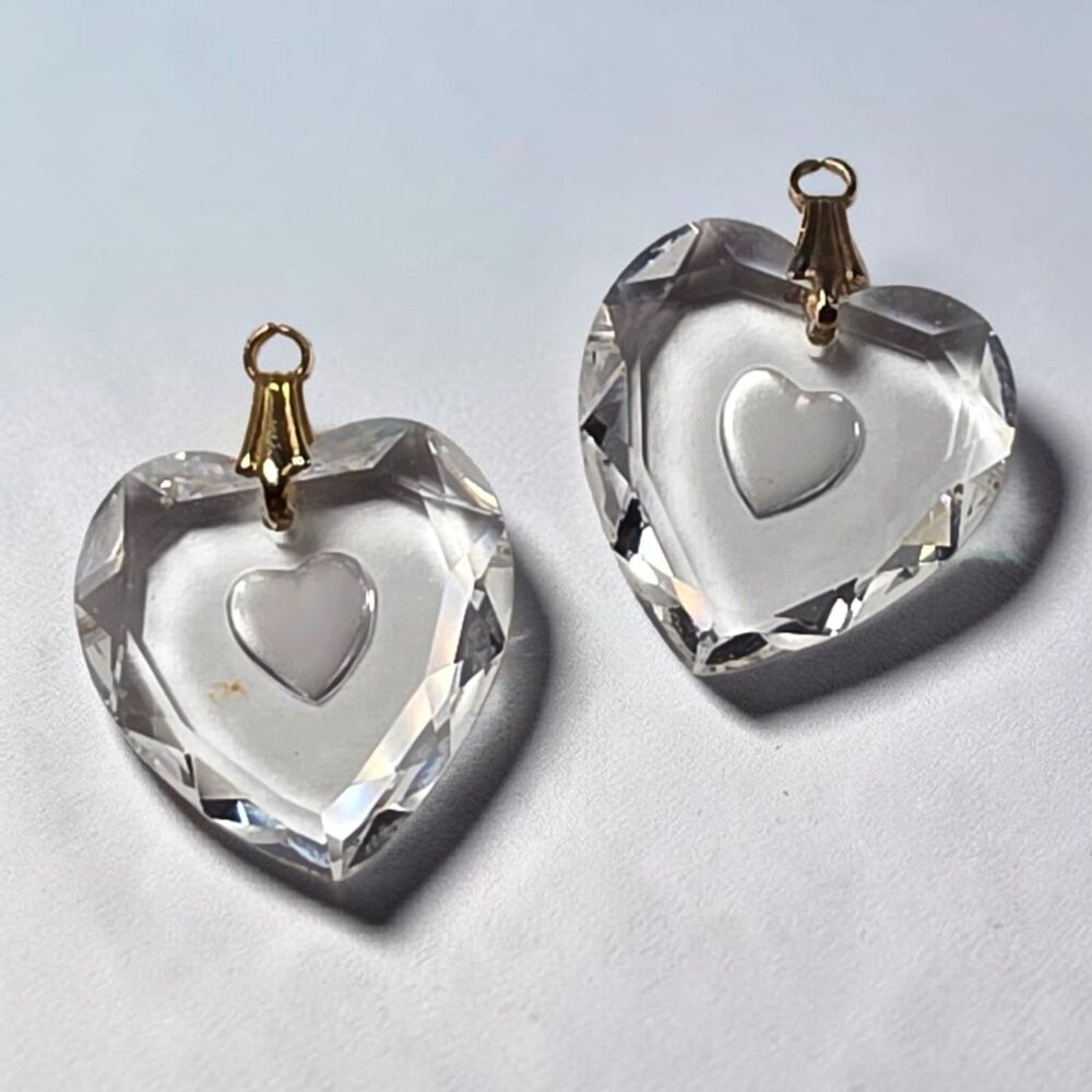 2 Vintage Faceted Lead Crystal Floating Heart Pendants Matched Pair 3/4"